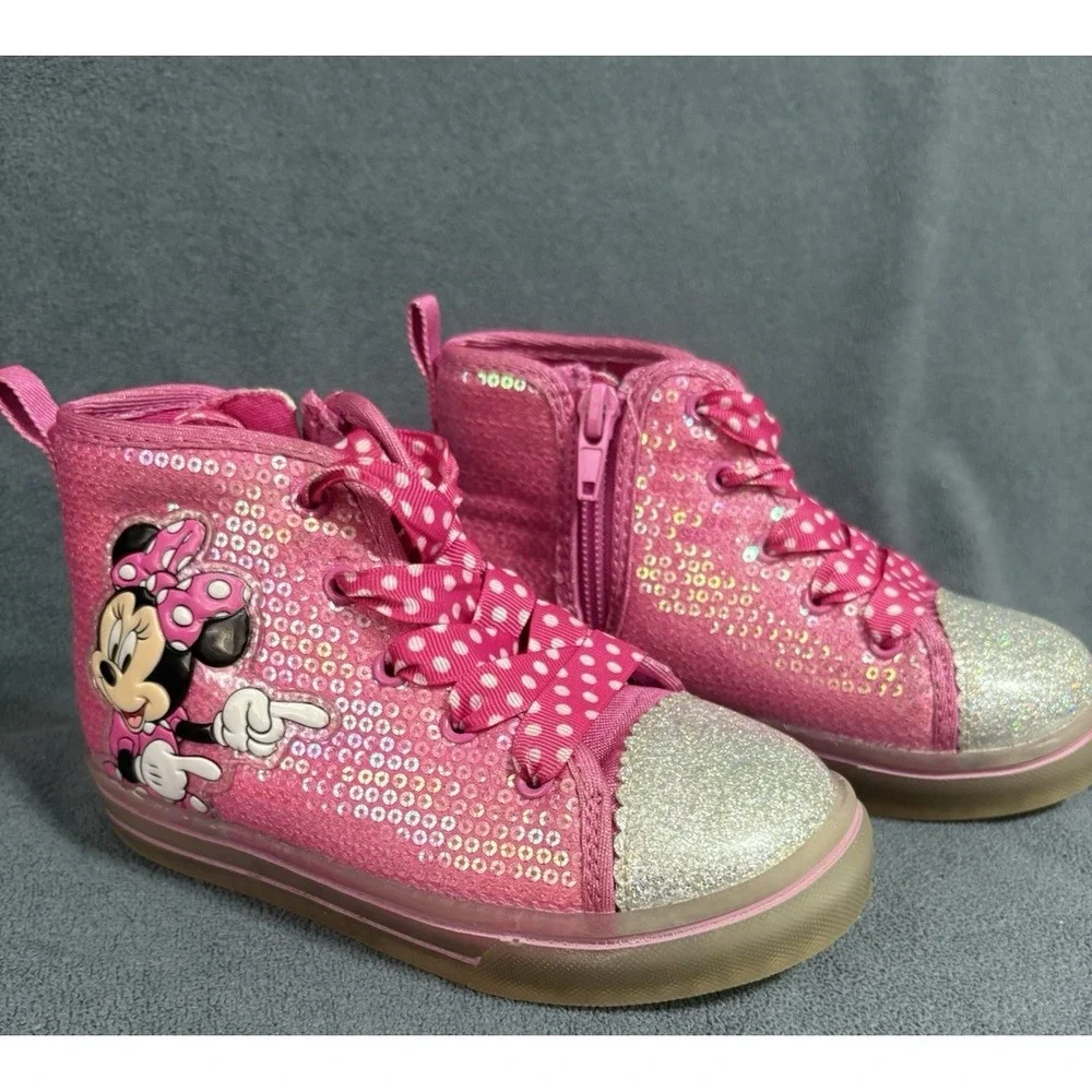 Disney Minnie Mouse High Top Light Up Size 9 Toddler  Zip Lace Up Sequin Pink
